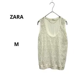 ザラ ニット レース ノースリーブ ナチュラル フェミニン 花柄 上品 白 M