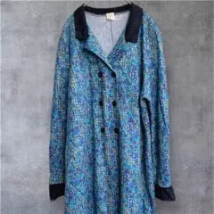 青系多色ひざ丈ワンピース レトロ 襟付き