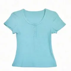 SHEIN リブ ヘンリーネック 半袖Tシャツ ライトブルー S