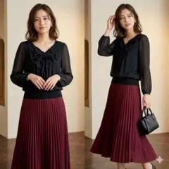 ANAYI 長袖ブラウス シャツ リボンフリル シアー シフォン 黒 日本製