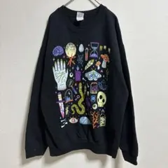 GILDAN ギルダン スウェット 総柄 裏起毛 黒 L 古着 ゆるだぼ