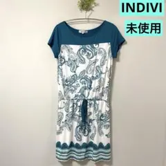 INDIVI ペイズリー柄 半袖ワンピース チュニック　グリーン系 未使用のサムネイル