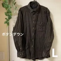 ストライプ長袖シャツ こげ茶 Lサイズ