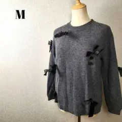 リボンニットセーター黒グレーMレディースガーリーフェミニン韓国コーデ