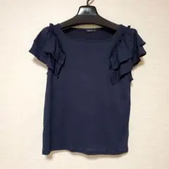 袖フリルカットソー 紺色 ラメ サイズM