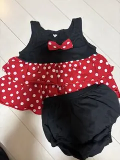 ミニーちゃん　赤黒水玉フリルワンピースセット　70