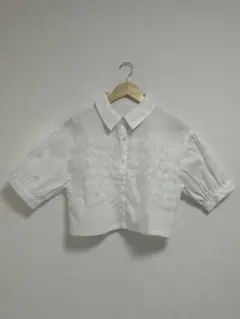 シアーフリル クロップドブラウス M 白 半袖 ショート丈 襟付き　韓国風