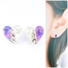 パープル×ホワイトバイカラー8mmハートピアス/イヤリング　再販　人気
