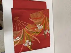 名古屋帯 赤 花柄刺繍