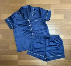 GU ルームウェア サテンパジャマ 半袖 上下セット ネイビー M