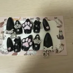 黒いネイルチップ 10個セット 猫デザイン