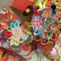 ②七五三 結び帯 つくり帯 赤系 金襴　帯〆のオマケ付き