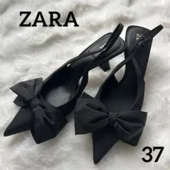 ZARA ザラ　リボン付き ヒール サンダル パンプス　37 黒　ブラック