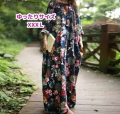 新品 大きいサイズ ロングワンピース 長袖 花柄 ゆったり ワンピース XXXL