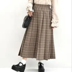 Emsexcite チェックプリーツロングSK スカート ダークブラウン