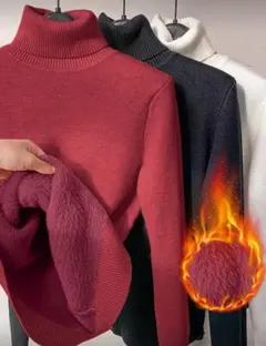 タートルネック セーター ニット 赤 レッド 裏起毛 冬 インナー 極暖