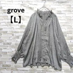 grove　千鳥格子柄　フリルネック　長袖　ブラウス　Lサイズ　グレーのサムネイル