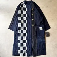 【新品】ちちぶや 夢工房 和柄ロングコート 藍染風 市松柄 刺し子調 羽織 綿のサムネイル