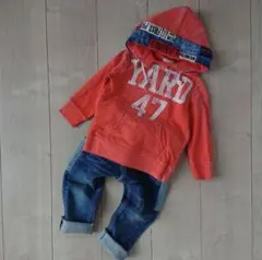 Denim Gungareeオレンジ フード付きトレーナー デニムパンツ セット