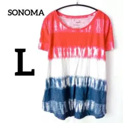 SONOMA【L】トリコロールTシャツ ボーダー風タイダイ柄 クールネックのサムネイル