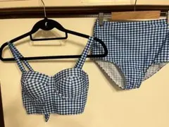 水着　ハイウエストビキニ　ネイビーチェック柄