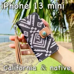 iPhone 13 mini レザーケース☆ネイティブ＆コンチョ＊手帳型カバー