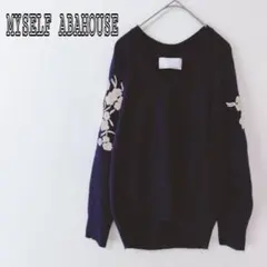 【マイセルフアバハウス】ネイビー 長袖ニット Vネック 花柄 k3129