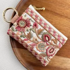 インド刺繍リボン　10cm キーケース　ポーチ　フラットポーチ　【053】