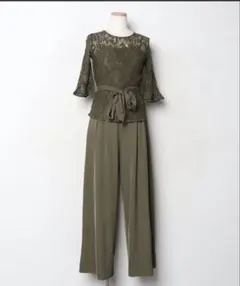 DRESS PLUS レースブラウス×サロペットセット ダークカーキ M