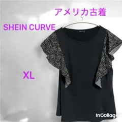 SHEIN 花柄フリル袖 カットソー 黒 0XL アメリカ古着 一点物のサムネイル