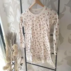 ブランシェス花柄長袖チュニック クリーム色ワンピース裾異素材可愛い