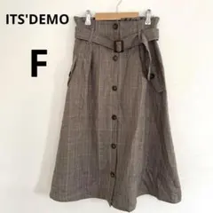 ITS'DEMO ブラウン チェック柄 フレアスカート ベルト ウエストゴム Fのサムネイル