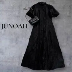 JUNOAH パフスリープフラワージャガードワンピース黒