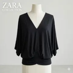 ZARA ザラ レーヨン Vネック フラッタースリーブ トップス ブラック M