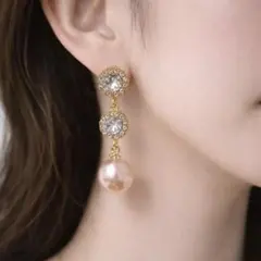 ピアス ビジュー ピンクパール ドロップピアス ゴールド 上品 華やか