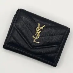 ①サンローラン 三つ折り財布 Vステッチ キャビアスキン YSLロゴ 黒