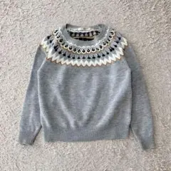 求心柄ニットセーター(M)フェアアイル　オフィスカジュアル　パール　大人可愛い