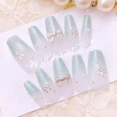 ネイルチップ ラメグラ フレンチガーリー ワンホン 量産型 韓国 バレリーナ 緑