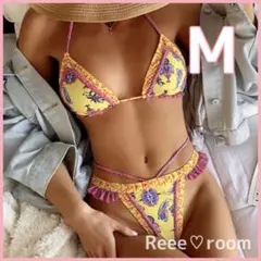 ブラジリアンビキニ 黄色 Mサイズ セクシー スイムウェア 盛れる フリル 水着