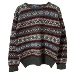 極美品！ラルフローレン 総柄 Vネックアルパカ ウールニットセーターフェアアイル フェア アイル コットンリネン Vネック セーター | ラルフ