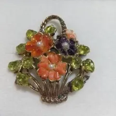 ヴィンテージピンブローチ　アンティーク　レトロ　花　フラワー　古着天然石