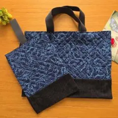 ハンドメイド　レッスンバック　シューズケース　恐竜　紺色