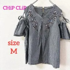ギンガムチェックブラウス 半袖 オフショルダー　花柄刺繍 リボン M
