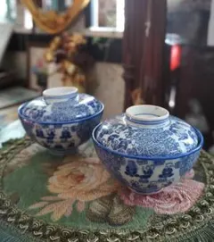 骨董・蓋つき煮物椀・2個セット・飯碗・陶器・丼もの碗・骨董・白と青系・汁物碗