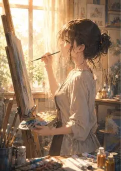 水彩画 アトリエで描く女性のアート作品のサムネイル