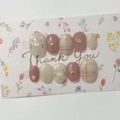 ネイルチップ　ネコ　ニュアンス　猫　ピンク　チェック