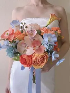 アーティフィシャルフラワー　オレンジ　くすみブルー　造花ブーケ　ウエディング