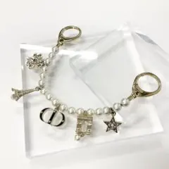 クリスチャンディオール ロゴ パール ラインストーン バッグ チャーム ゴールド