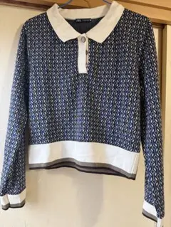 【zara】ジオメトリック柄 ジャカードニット ポロトップ クロップド丈のサムネイル