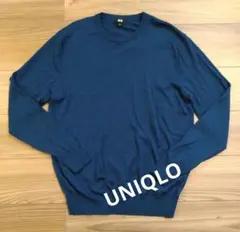 【美品】UNIQLO　ダークブルー 長袖ニット　ウール100%　サイズＬ